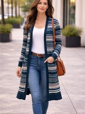 Spense Teal Multi Striped Open-Front Long Cardigan